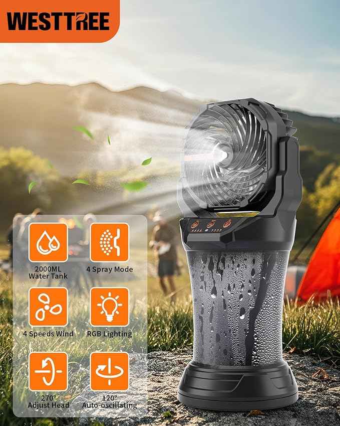 Portable Misting Fan with Large Battery Fan-Rechargeable Outdoor Misting Cooling Fans with 2L Water Tank,RGB Lights,4 Speeds & Spray Modes-for Patio, Camping, Beach, Workshop (Black)