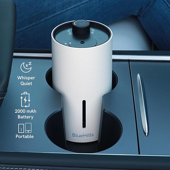 BlueHills Waterless Cordless Essential Oil Diffuser – White, Wireless, Portable Aroma Nebulizing Diffusers for Home, Car & Office – J01 White