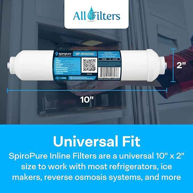 SpiroPure SP-IM120QC Inline Alkaline Carbon Water Filter, MineralPlus Remineralization, 1/4" Quick-Connect 2” x 10”, Remineralizing for RO System, Refrigerators (1 Pack)