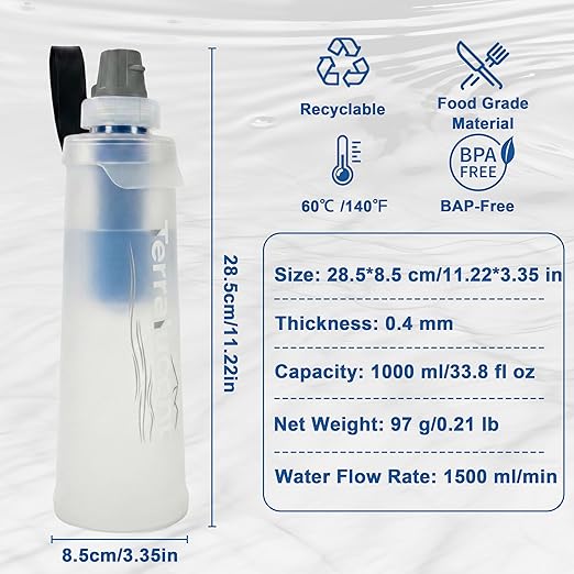 33.8 oz Collapsible Water Bottle with Filter, Squeeze Filtered Water Bottle, BPA-Free, Dual Filtration, Ultralight Water Filter System for Hiking, Camping, Backpacking (White, 33.8 OZ)