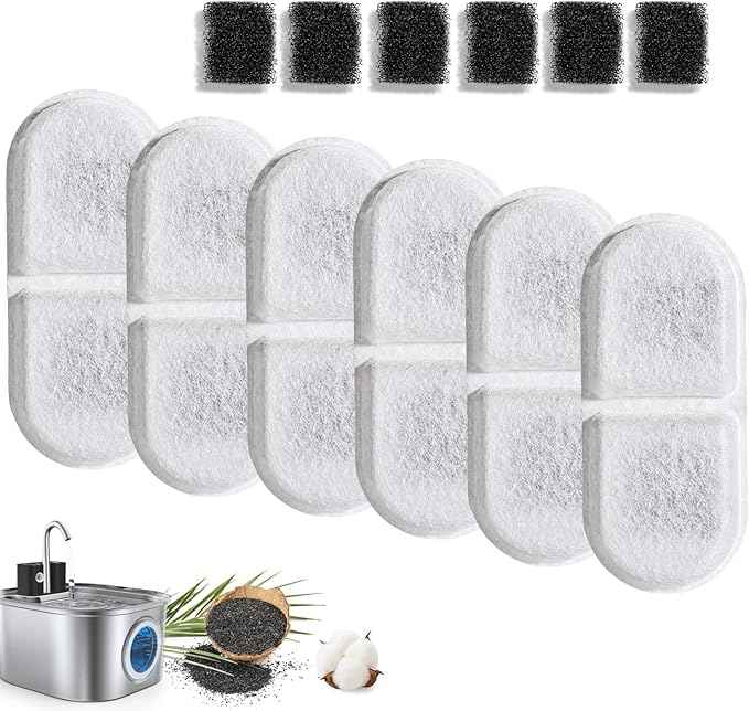 Cat Water Fountain Filter Replacement,12 Pcs(6 Carbon+ 6 Sponge) for Pets Automatic Water Dispenser for Dogs, Compatible with 2.2L/3L/3.2L/3.5L Stainless Steel Cat Fountains