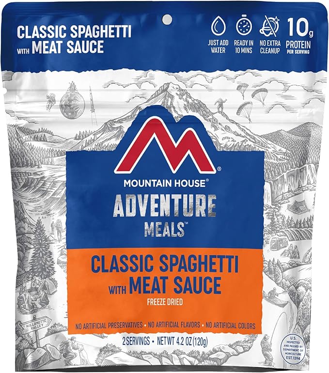 Potable Aqua Water Purification Tablets with Mountain House Classic Spaghetti with Meat Sauce Freeze Dried Backpacking Food 2 Servings