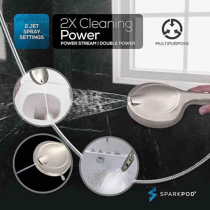 SparkPod 10-Mode Handheld Shower Head with Hose - 5" High Pressure Shower Head Set with Touch-to-Clean Nozzles, Built-In Power Jet, Stainless Steel 6ft Hose & Bracket (Brushed Nickel)