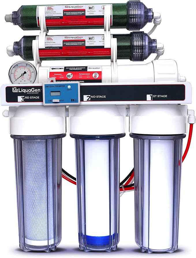 LiquaGen - 6 Stage Reverse Osmosis + Deionization Water Filtration System- 100 GPD w/Pressure Gauge & TDS Meter | Under Sink Water Filter Machine for Aquarium Water Purification