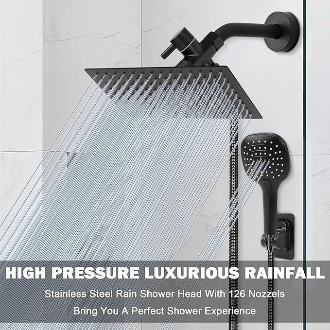 NearMoon Shower Head with Hose, High Pressure Stainless Steel Rain Shower and 3 Settings Handheld Spray Combo with Push Button Flow Control (12 Inch, Matte Black) - AquaVibe