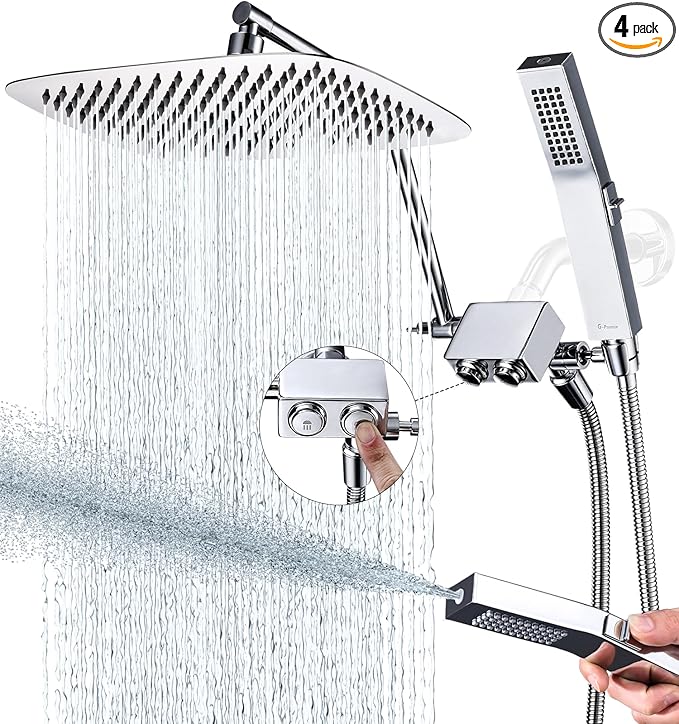 G-Promise All Metal 12 Inch Shower Head with Handheld Spray Combo，Rain Shower Head with Handheld Built-in Power Wash Mode, Adjustable Extension Arm with 4-Mode Diverter, 71 Inch Extra Long Hose