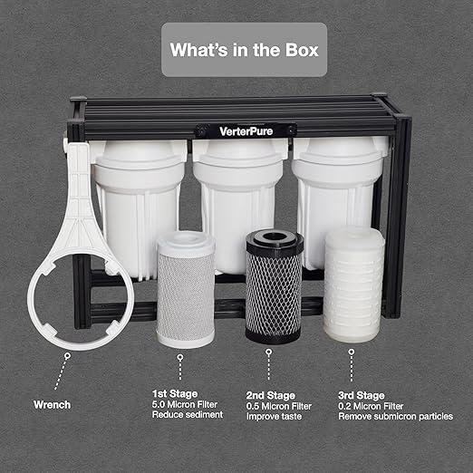S3 Mini External 3-Stage RV Fresh Water Filter System, Compact, 5 Inch Filters, 3/4" GHT Stainless Steel Fittings, Reduce Sediment, Chlorine, Odor, All Aluminium Free-Standing Chassis, Black