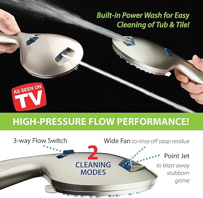 Hotel Spa AquaCare for California As-Seen-On-TV High Pressure Handheld Rain 50-mode 3-way Shower Head Combo, Anti-clog Jets, 2-mode Tub & Pet Power Wash, Wall Bracket, 6 ft. Stainless Steel Hose