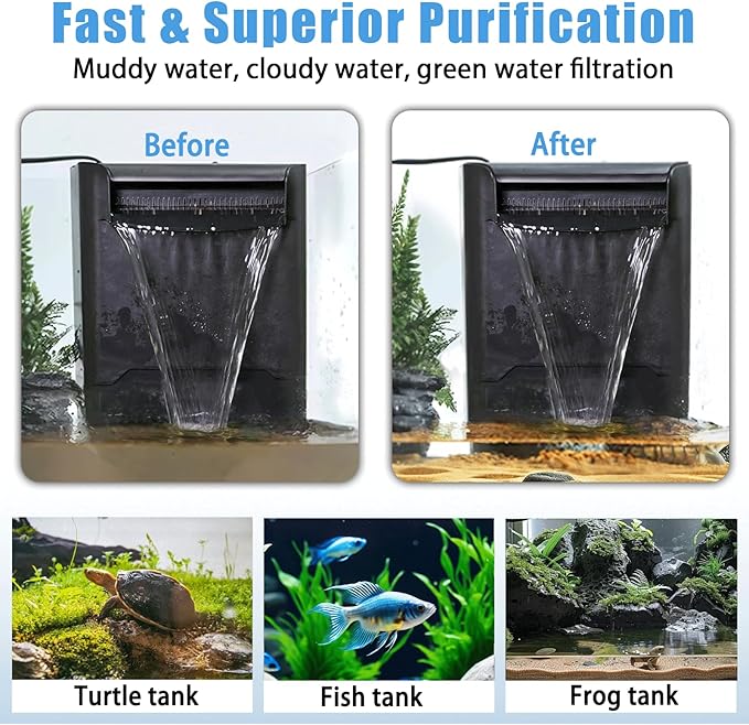 290GPH Turtle Tank Filter for 40-85 Gallon, Turtle Filter Low Water Level Available and Flow Adjustable, Turtle Water Filter for Shrimps Amphibians Turtle Tank Saltwater Freshwater Crystal Clear - AquaVibe