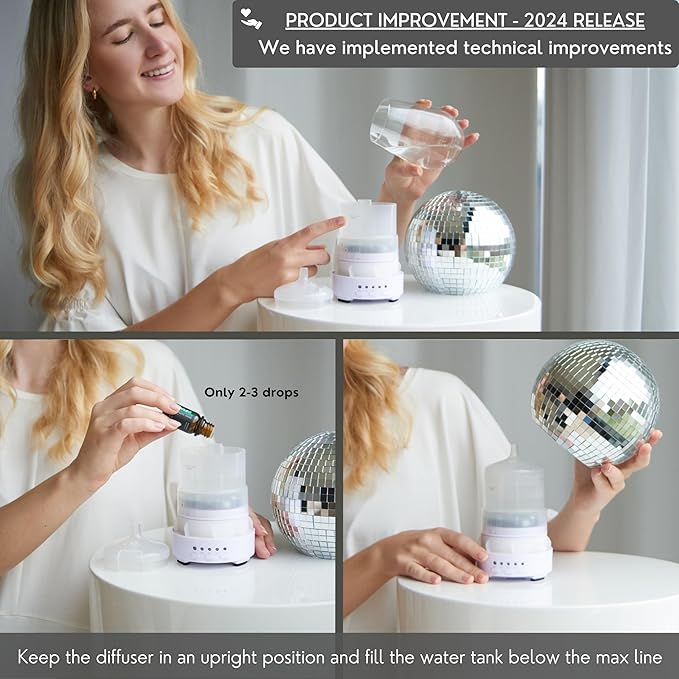SCANDINORDICA Disco Ball Diffuser - Original Rotating Disco Essential Oil Diffuser with Whisper Quiet Operation, 14 Color Night Light & 4Time Settings | Cute Eclectic Home Decor for Medium Room Silver