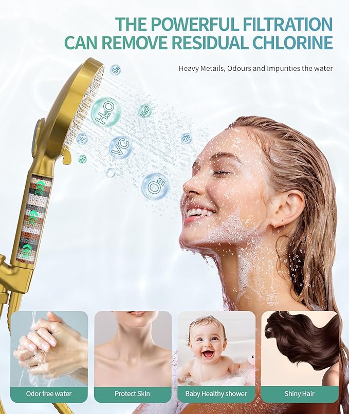 SR SUN RISE Filtered Shower Head with Handheld High Pressure 9 Spray Mode Showerhead Detachable Shower Head Water Softener Filters 1 Filter Brushed Gold