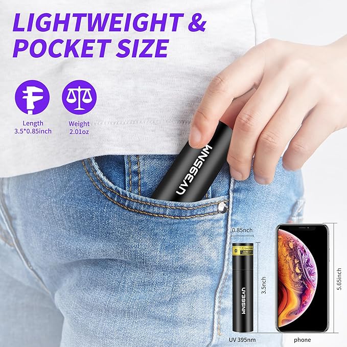UV Flashlight Rechargeable 365nm & 395nm Black Light for Pet Urine Detection, USB Portable Blacklight Mini Powerful Woods Lamp LED ultra violet Flashlights uv for Resin Curing, Leak Detection, Travel