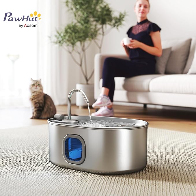 PawHut Cat Water Fountain Stainless Steel, 246 oz. / 7L Automatic Pet Fountain with Filters, Ultra-Quiet Pump, Visibility Window, Dog Water Bowl Dispenser for Cats, Dogs and Multi-Pet Homes