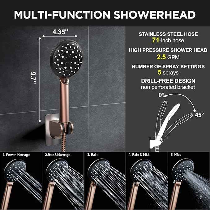 Veken 11.8" Rain Shower Head with Handheld, High Pressure Handheld Shower with Multi Spray Modes, Rainfall Combo with Metal Extension Arm, Detachable Dual Showerhead, Bathroom Decor, Rose Gold