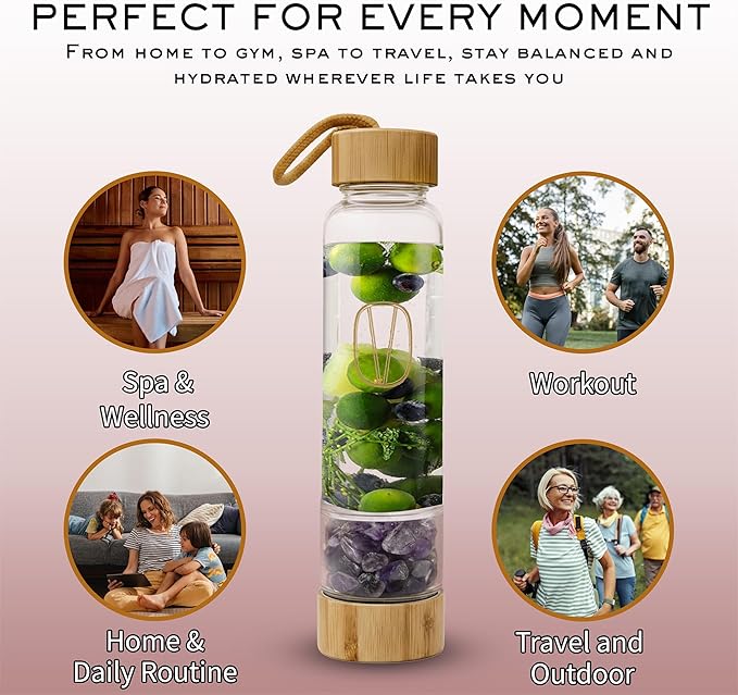 Vie Healing Gem Infused Amethyst Crystal Water Bottle, 16oz | Crystal Glass Bottle for Mindful Hydration, Daily Balance & Style | Eco Friendly Reusable Water Bottle for Home, Office, Gym & Travel
