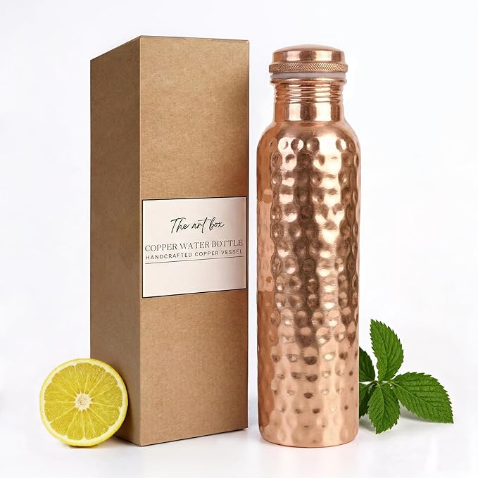 THE ART BOX Pure Copper Water Bottle 34 oz (1000 ml) – Lab Tested, Leak-Proof Ayurvedic Copper Bottle for Drinking Water, BPA-Free, Eco-Friendly, Handcrafted for Daily Hydration & Wellness