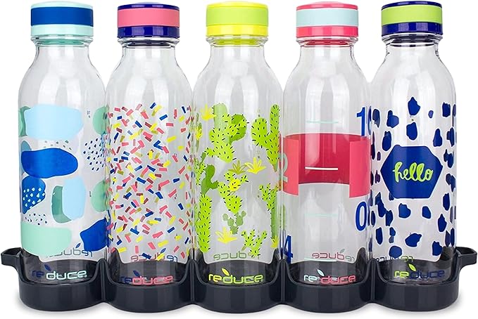 REDUCE WaterWeek Reusable Water Bottle Set, 20oz – Plastic Reusable Water Bottle Set of 5, Plus Fridge Tray – BPA-Free, Leak Proof Twist Off Cap – Bliss