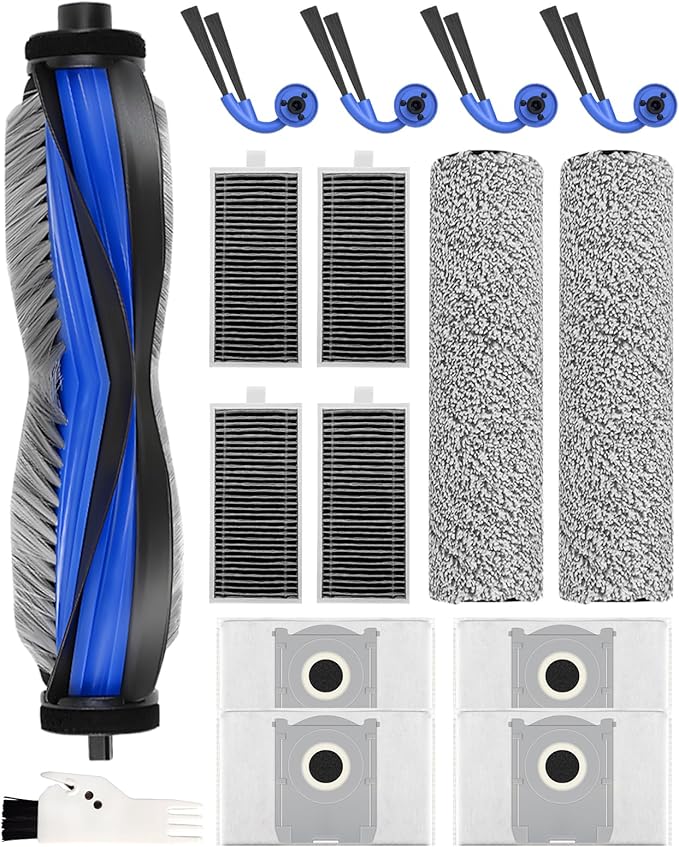 16 PCS Replacement Accessories kit Compatible with ECOVACS DEEBOT X9 Pro Omni Vacuum Cleaner Robot, 1 Main Brush, 4 Side Brushes, 4 HEPA Filters, 2 Mopping Rollers, 4 Dust Bags, 1 Cleaning Brush - AquaVibe