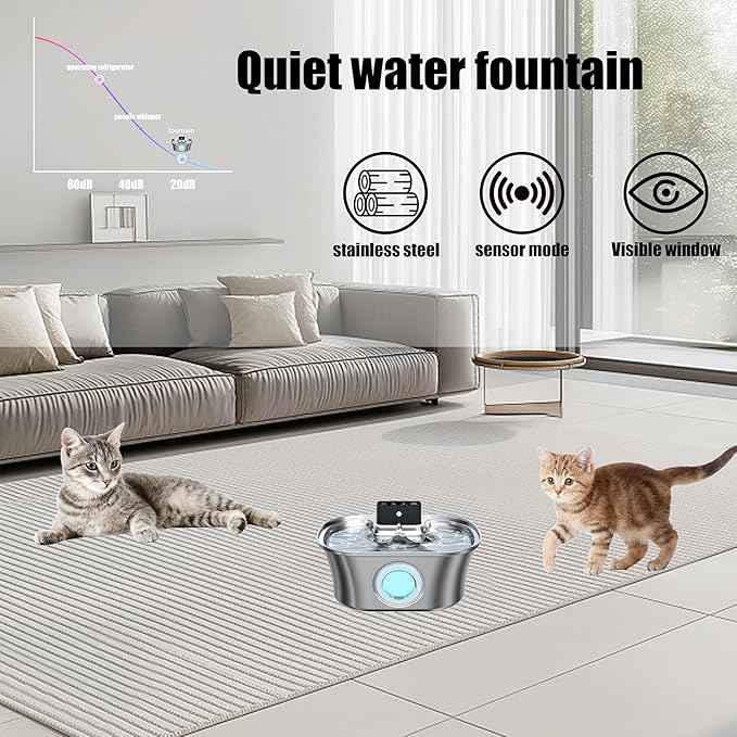 Wireless Cat Water Fountain Stainless Steel, 3.2L Pet Fountain Battery Operated,Cordless Cat Fountain for Cats&Dog with Motion Sensor, Quiet Indoor Cat Fountain for Drinking, Multi-Filtration