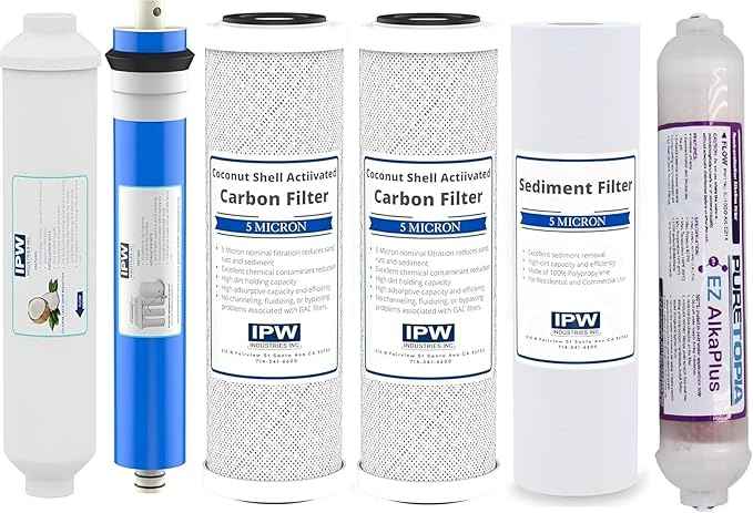 IPW Industries Inc Compatible Replacement Water Filters for iSpring RCC7AK, 6-Stage Alkaline Reverse Osmosis System, 75 GPD, pH+ Remineralization, White (Set of 6)