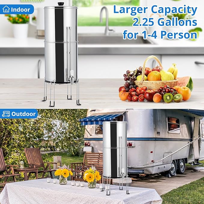 Garvee 2.25G Gravity-fed Water Filter System, Stainless Steel Countertop Filter System with 2 Filters and Stand, Reduce 99% Chlorine, for Home, Camping, RV, Fishing