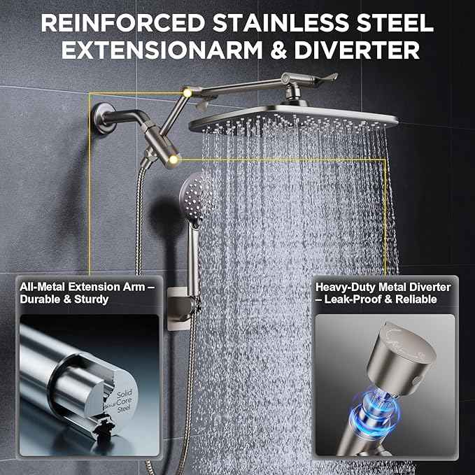 Veken 11.8" Rain Shower Head with Handheld, High Pressure Handheld Shower Heads with Multi Spray Modes,Rainfall Combo with 15" Metal Extension Arm,Detachable Dual Shower,Long 6 ft. Hose,Brushed Nickel