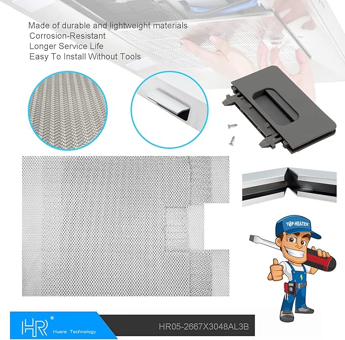 Upgraded W10169961A Range Hood Filter Replacement, Fits Whirlpool, Ikea, Kitchen Aid, Jenn Air, Aluminum Mesh Hood Grease Filter 10.5x12Inch, HR Huare Technology Aluminum Range Hood Vent Filters,2PCS
