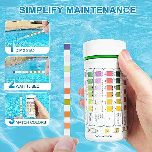 PoolTest strips 8-in-1 kit with 100 hot tub strips for above ground pools, spas and salt water minder - Tests pH, chlorine, bromine, alkalinity, hardness, cyanuric acid, salt