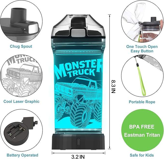 Lightzz Kids Water Bottle, Glow in The Dark Monster Truck & Tractor Water Bottle, Gifts for Boys Back to School Birthday Christmas Holiday