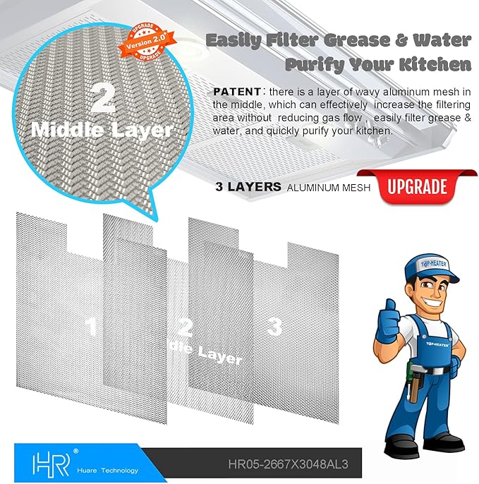 Upgraded W10169961A Range Hood Filter Replacement, Fits Whirlpool, Ikea, Kitchen Aid, Jenn Air, Aluminum Mesh Hood Grease Filter 10.5x12Inch, HR Huare Technology Aluminum Range Hood Vent Filters,2PCS