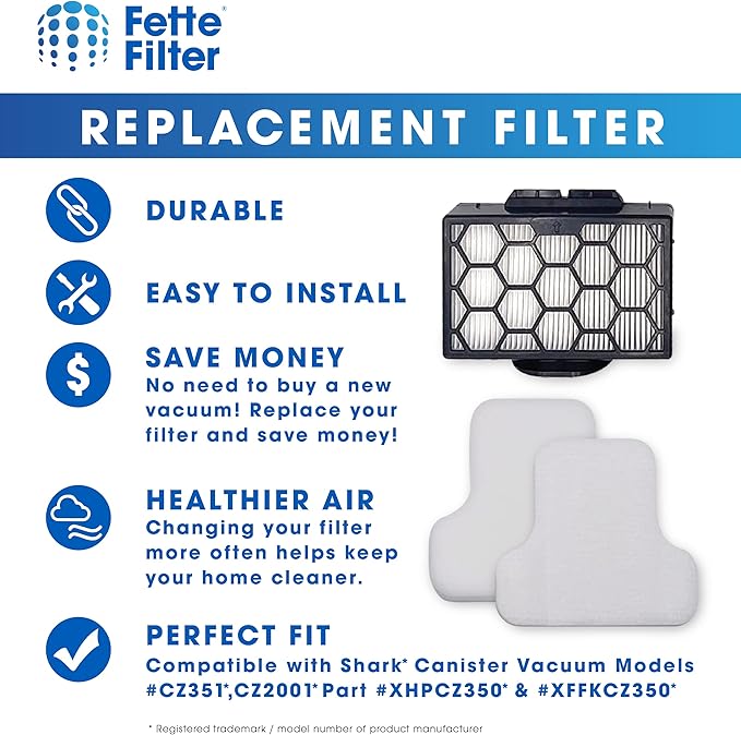 Fette Filter - Canister Vacuum Filter Set Compatible with Shark Canister Vacuum Models CV101 CV101C CZ350C CZ351 CZ351C CZ355 CZ2001 CZ2001C Part # XHPCZ350 & # XFFKCZ350 1 Hepa & 2 Foam Sets - AquaVibe