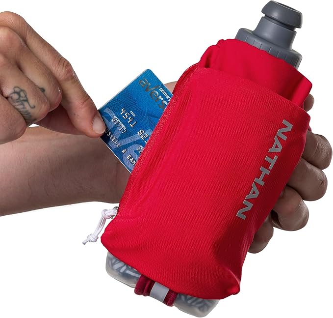 Nathan SpeedDraw 2 Insulated Handheld Running Water Bottle Flask – Double-Wall Insulation, Ergonomic Grip, Blast Valve Cap, Phone & Key Storage Pockets, Reflective Design - 12oz Insulated - Ribbon Red