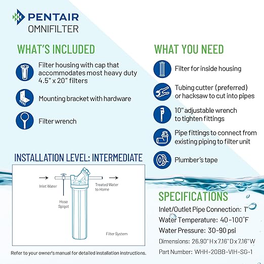 Pentair OMNIFilter Whole Home Valve-in-Head 20" Heavy-Duty Big Blue Water Filtration System with Pressure Relief, White/White