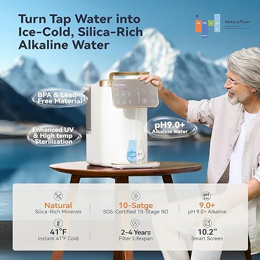 NatureFlow Y60EC Cold Reverse Osmosis Water Mineralization System — Featuring Natural Mineral Activation, 10-Stage RO Filtration, Ultra Dual UV, Alkaline Water,4:1 Pure-to-Drain Ratio, 11-Temperature