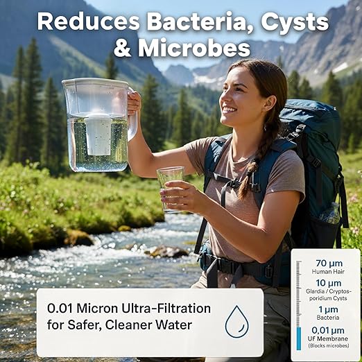 10 Cup Water Filter Pitcher with 2 Ultrafiltration & Carbon Filters - Removes Microbes, PFOA/PFOS, Microplastics, Heavy Metals & More - Compatible with Brita Water Pitcher/Brita Filter Replacement