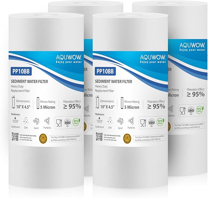 PP10BB 5 Micron 4.5" x 10" Filter Set – Sediment Replacement Cartridges for Whole House Water Filtration Systems, Universal Standard PP Filters (4, 10 x 4.5)