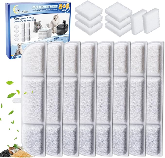 8+8 Packs Cat Water Fountain Filter Replacement Compatible with DownyPaws DPWFP6, 16 Pieces