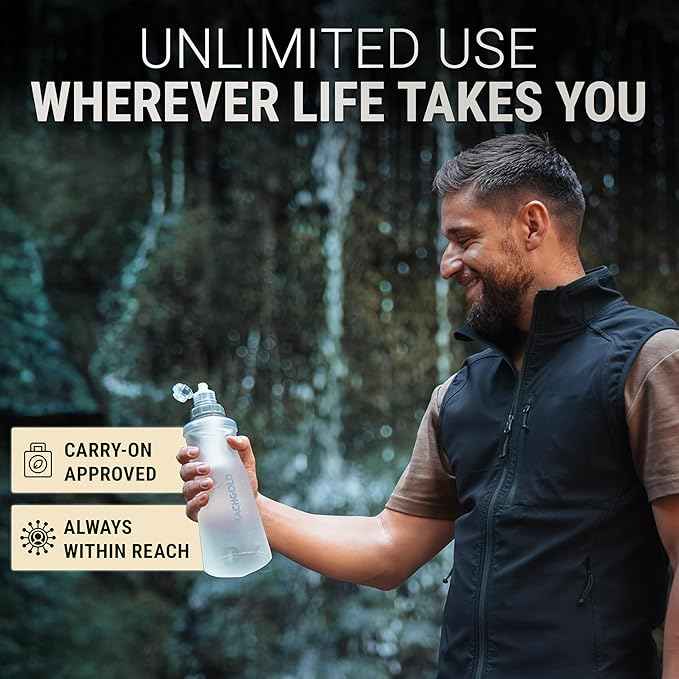 Water Filter Camping – Bachgold Foldable Squeeze Portable Water Filter for Hiking, Backpacking & Emergency Use | Ultralight Outdoor Filtration Bottle, Swiss Design