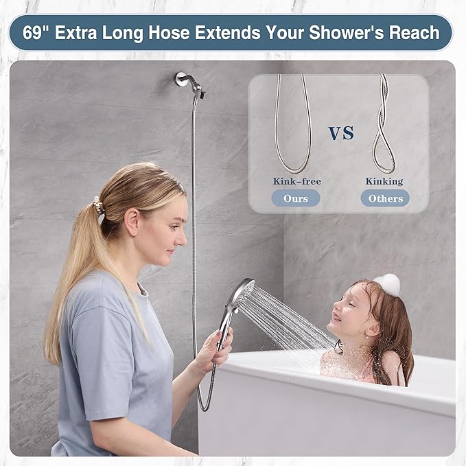 BRIGHT SHOWERS High Pressure Shower Head with Handheld, 9 Spray Settings Showerhead Built in Power Wash to Clean Tub and Pets, Extra Long 69" Hose, Adjustable Bracket, Brushed Nickel - AquaVibe