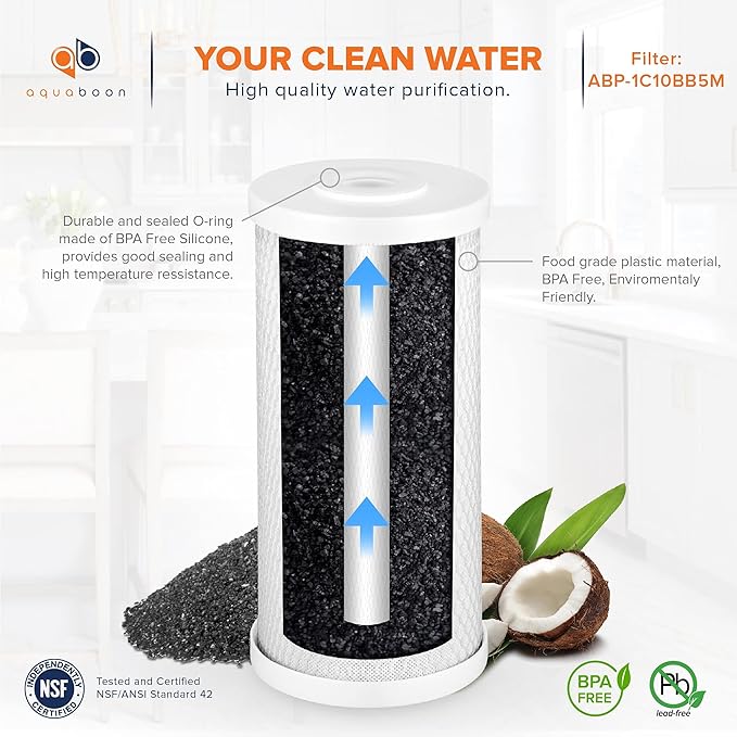 Aquaboon 5 Micron 10 x 4.5 Premium Carbon Filter Cartridge Whole House CTO Block Water Filter Replacement Compatible with FXHTC, CB-BB-10, 6-Pack
