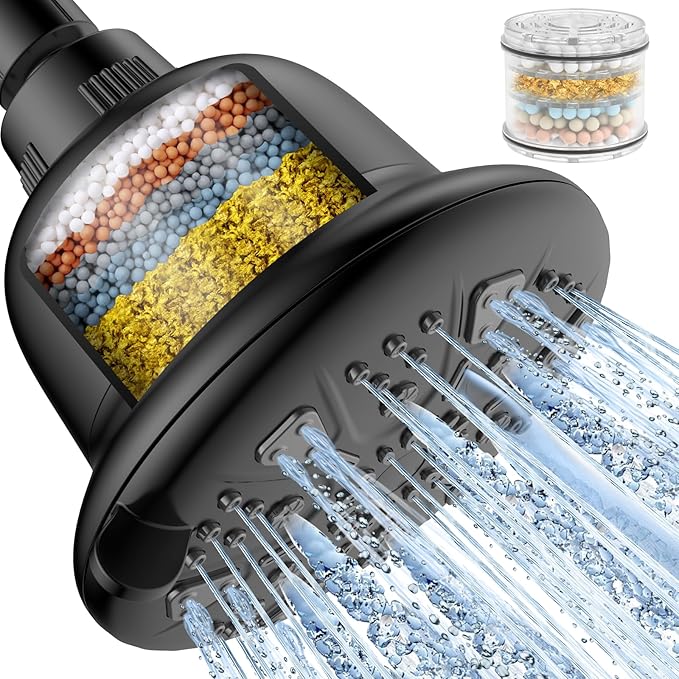 Filtered Shower Head Matte Black- High Pressure Shower Head with filter for Hard Water - Rain Shower Head Water Softener - Luxury 7 Settings Adjustable Water Filter Showerhead (Matte Black)