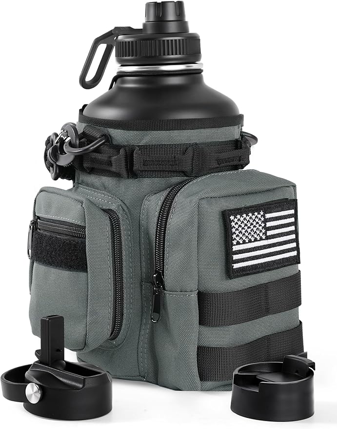 Tactical Half Gallon Water Bottle with Straw, 64 Oz Insulated Water Jug with Molle Water Bottle Holder, Stainless Steel Sport Bottle with 3 BPA Free Lids for Gym Workout Hiking (Gray)