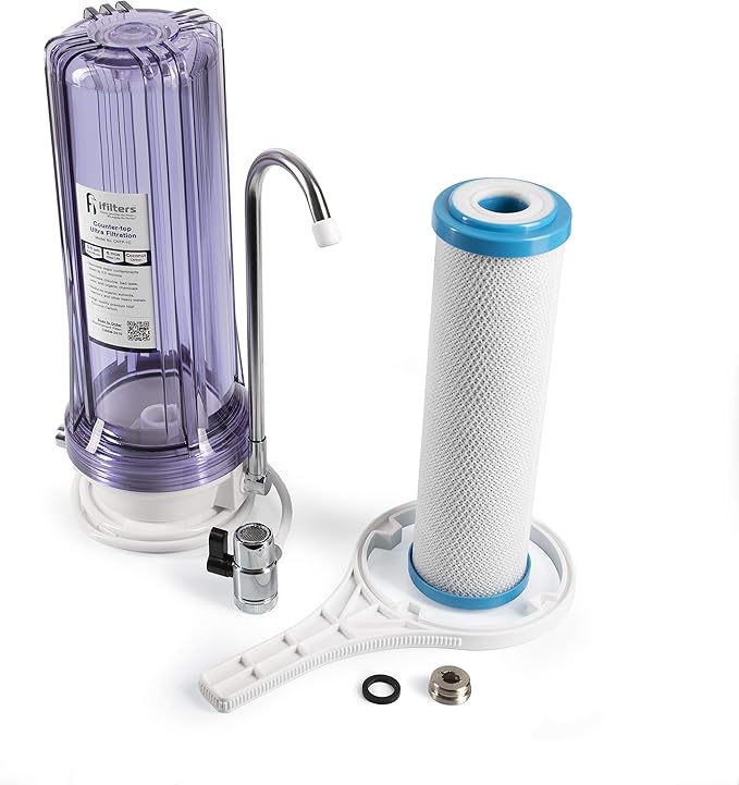 iFilters CNTP-1C Countertop Drinking Water Filtration System with NSF 0.5 Micron Coconut Carbon Filter & Faucet Adapter | Reduces Chlorine, VOCs, Cysts, Pesticides, Bad Taste, Odor & Organic Chemicals