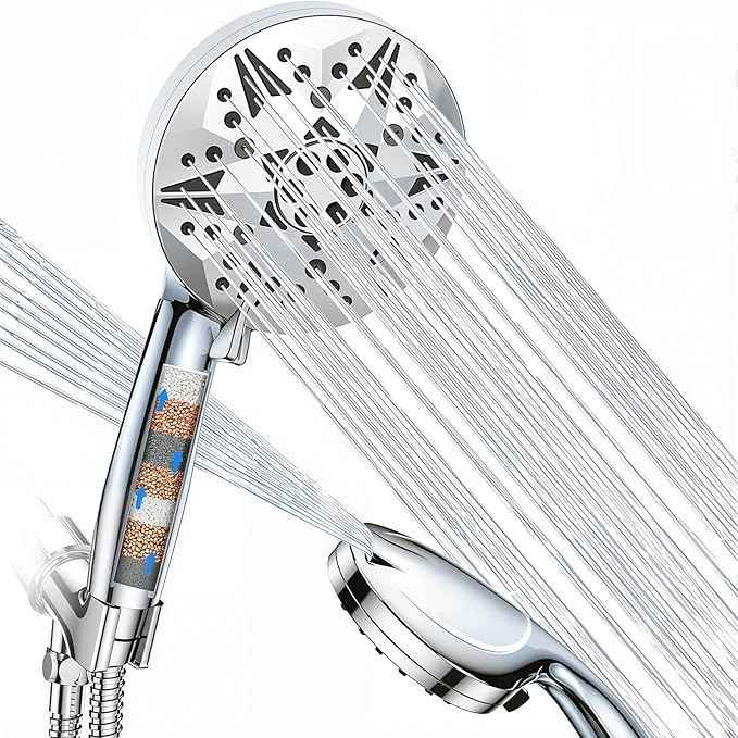 Filtered High Pressure Handheld Shower Head – 10 Spray Modes with Rain & Massage, Built-in Filter for Cleaner Water, Anti-Clog Nozzles, Power Rinse for Tile & Pets, Chrome Finish