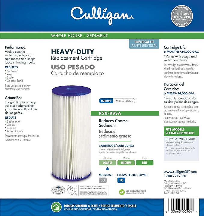 Culligan R50-BBSA Whole House Water Filter Replacememt - Premium 50 Micron 10”x4.5” Long Lasting Water Filter Cartridge Compatible with Many other Home Water Filtration Systems
