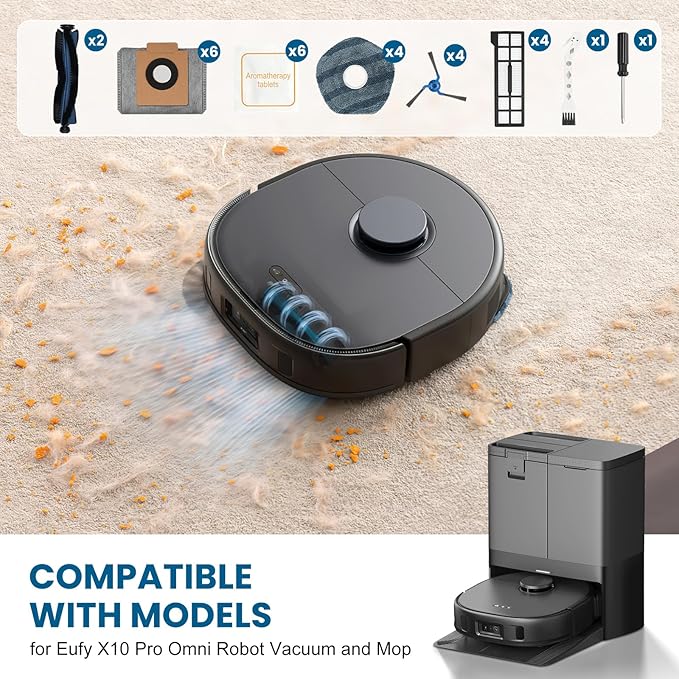 28 Pack Replacement Accessories for eufy X10 Pro Omni Robot Vacuum Cleaner, 2 MainBrush 4 Filter 6 Dust Bag 4 Mop Pads 4 SideBrush 1 Cleaning Brush 1 Screwdriver and 6 Scented Stick - AquaVibe