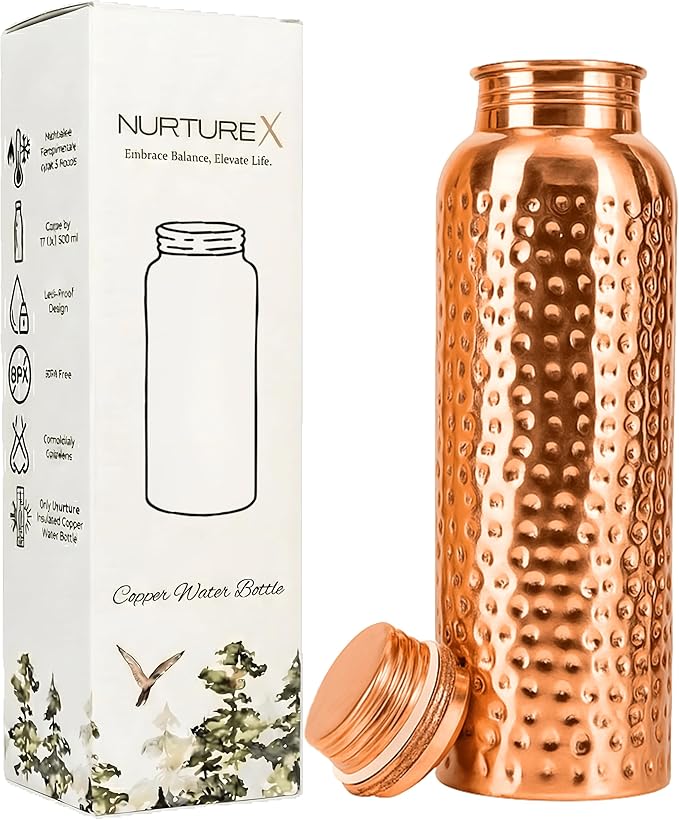 Copper Water Bottle, 34 Oz / 1 Liter, ANTI-TARNISH Protective Coating, Leak-Proof, Joint-Free, Handcrafted, Eco-Friendly & Ayurvedic Drinkware for Yoga, Gym & Office - Hammered