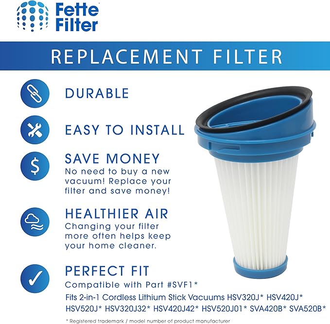 Fette Filter - 6-Pack Replacement Vacuum Dust Bin Filters for Black and Decker SVF11 Fits 2-in-1 Cordless Lithium Stick Vacuums HSV320J HSV420J HSV520J HSV320J32 HSV420J42 HSV520J01 SVA420B SVA520B - AquaVibe