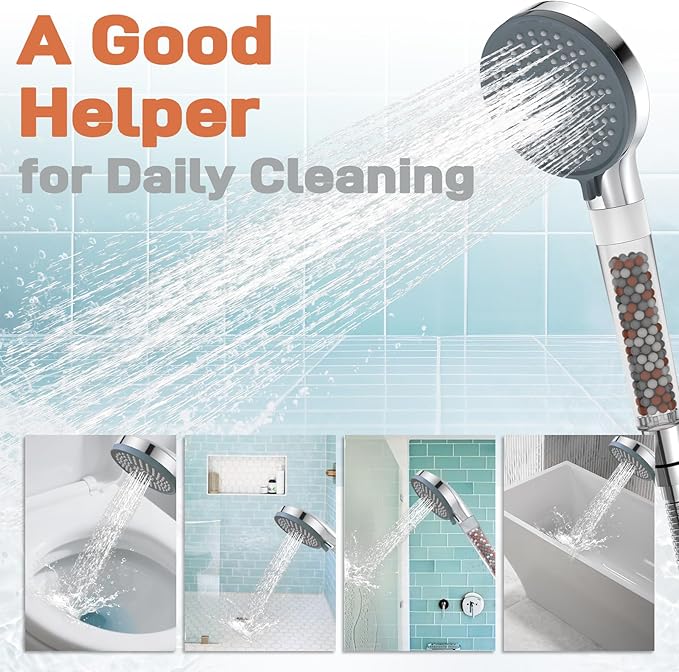 YDmeet Filtered Handheld Shower Head with Long Metal Hose Set, 3-Mode Spray Setting, Extra 6 Packs Replacement Mineral Balls for Refills, Chrome - AquaVibe