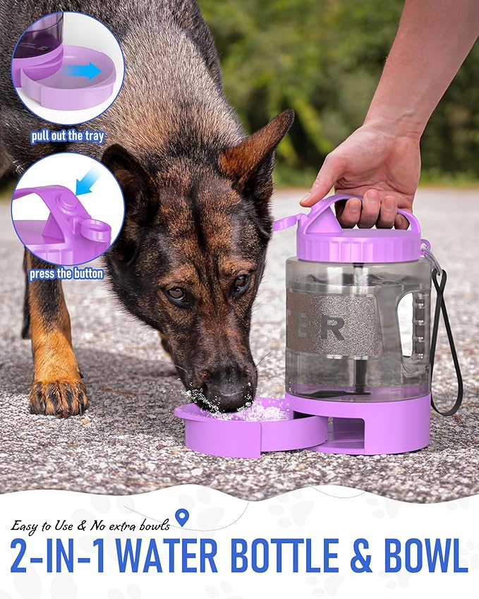 77oz Dog Travel Water Bottle, Large Portable Dog Water Bowl Dispenser, Leakproof Pet Drinking Bottle Dispenser for Hiking Camping Walking Travelling Beach Car Trips, No Spill, BPA Free,Purple - AquaVibe